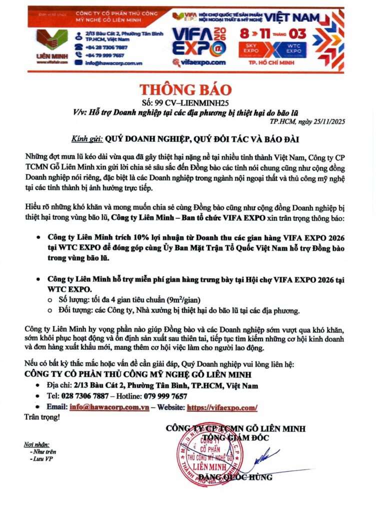 1. CV99 LM025-VIFA EXPO 2026 - Hỗ trợ Doanh nghiệp tại các địa phương bị thiệt hại do bão lũ