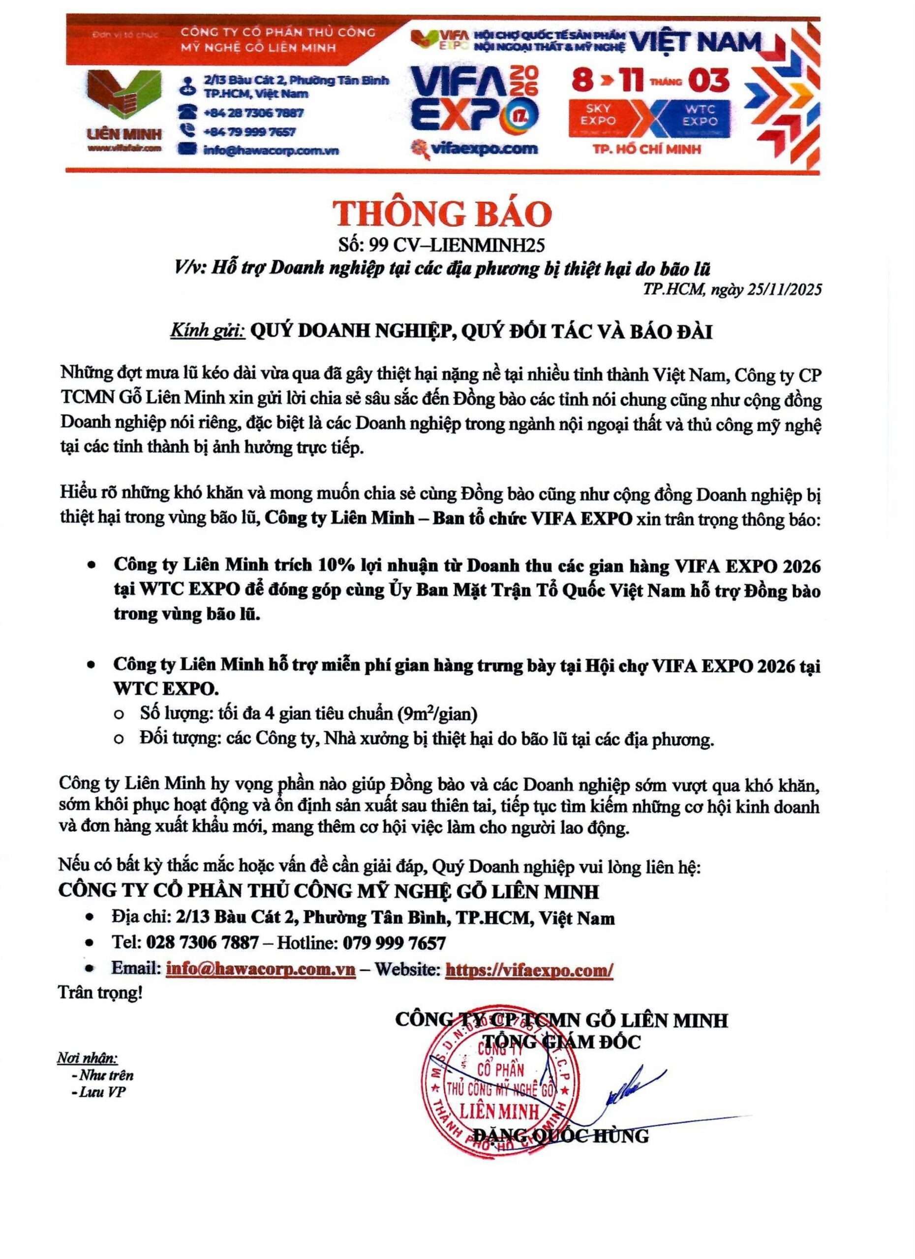 1. CV99 LM025-VIFA EXPO 2026 – Hỗ trợ Doanh nghiệp tại các địa phương bị thiệt hại do bão lũ.