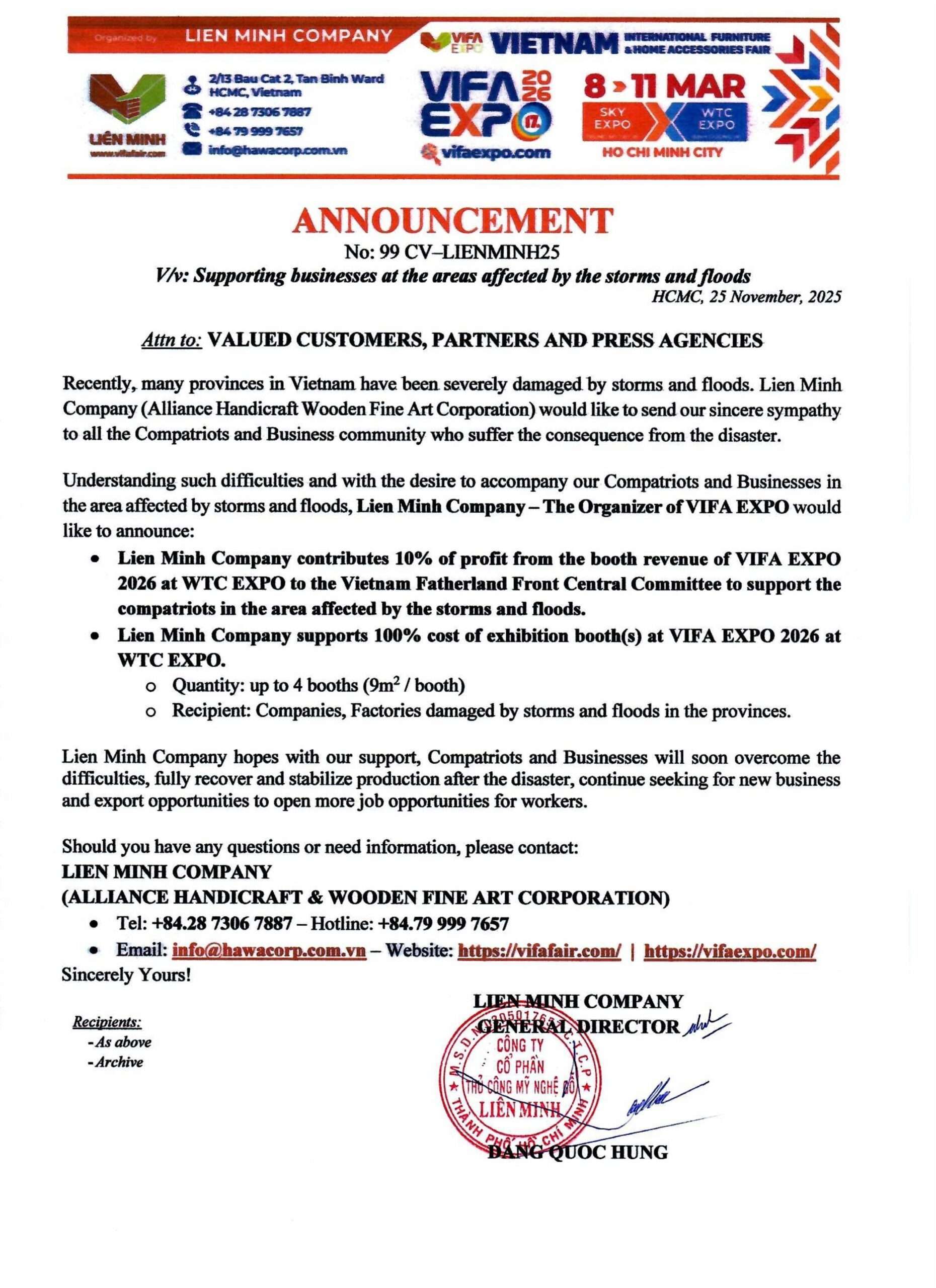 2. CV99 LM025-VIFA EXPO 2026 – Announcement Supporting businesses at the areas affected by the storms and floods